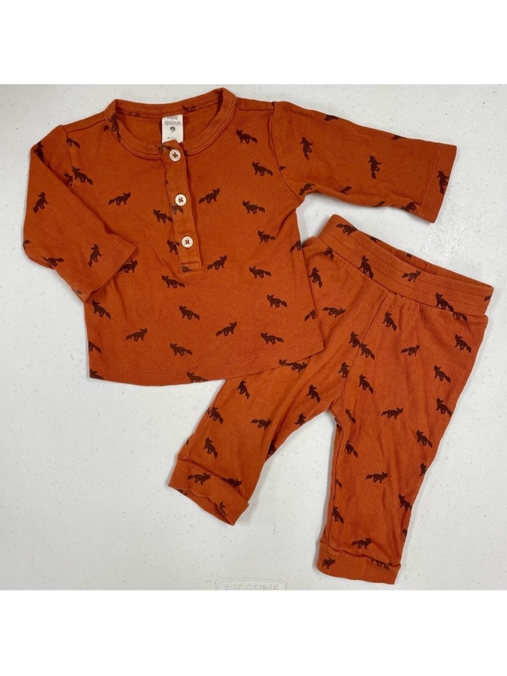 Kate Quinn 2-Piece Set Boys 6-12M Tiny Fox Henley Shirt Pants Ribbed Organic
